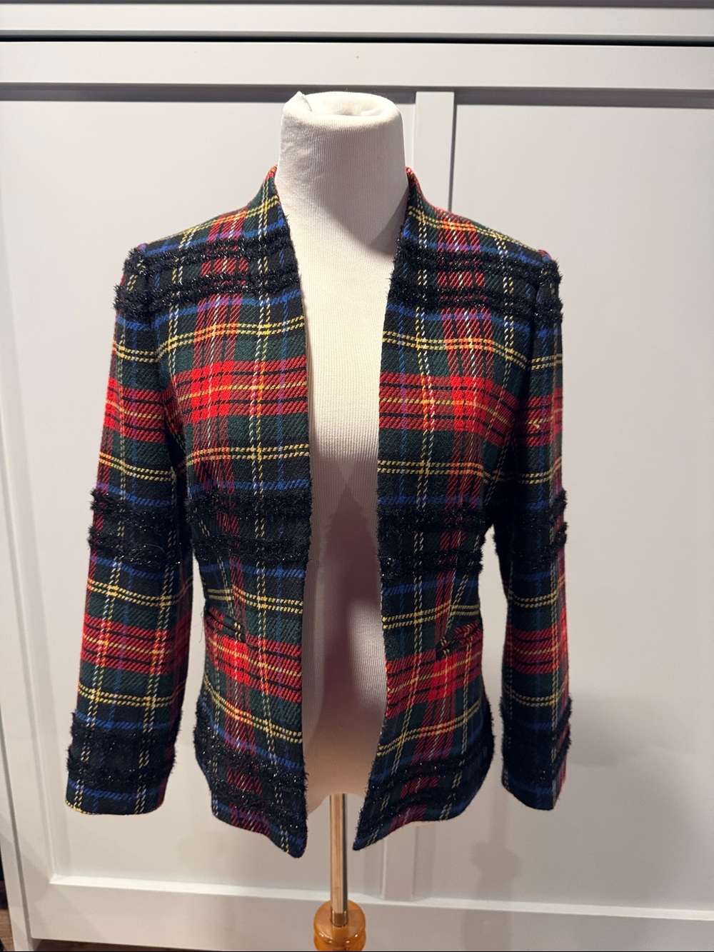 Open-Front Plaid Blazer in Red, Black & Blue